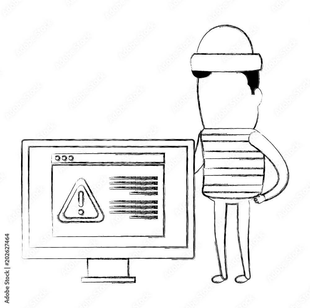 Poster thief bad with computer alert avatar character vector illustration design