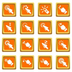 Hand click icons set vector orange square isolated on white background 