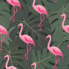 Exotic tropical seamless pattern with pink flamingos, green monstera leaves