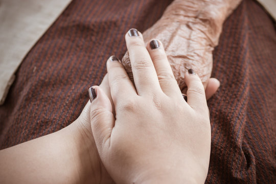 Hands of Asian teenage female holding elderly grandmother hands wrinkled skin with feeling take care of Love. World Kindness Day and Adult day care center, Relationship of Family mother day concept