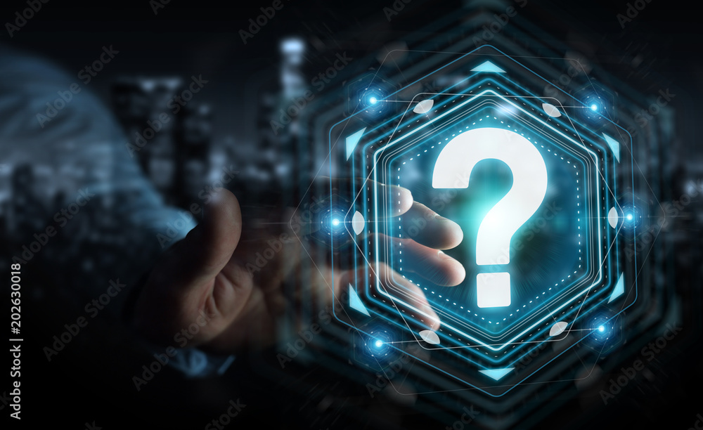 Aufkleber Businessman using question marks digital interface 3D rendering