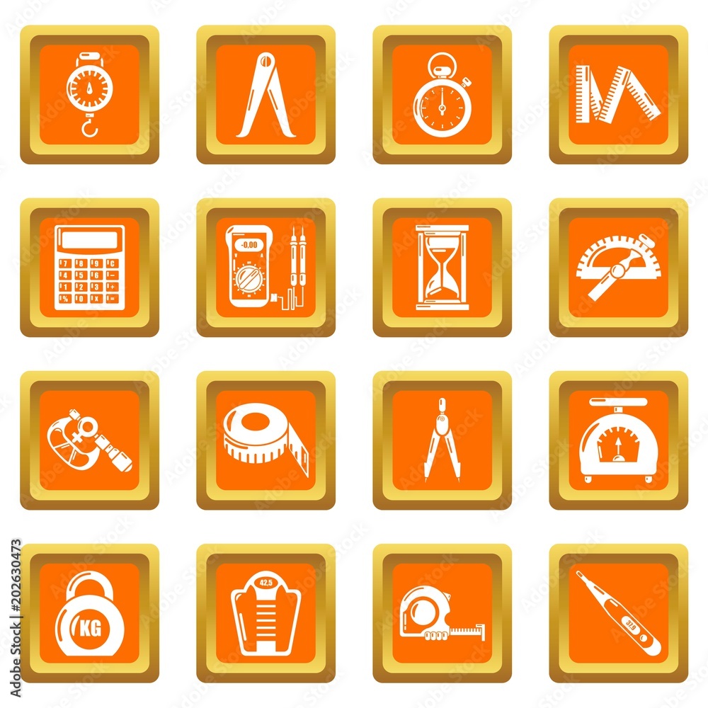 Poster measure precision icons set vector orange square isolated on white background