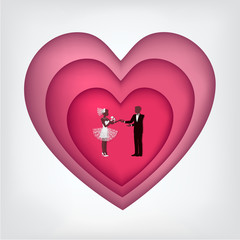 Groom, bride and heart in cut paper. Isolated on white background.