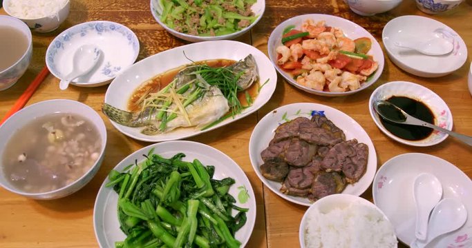 Family dinner with lots of dishes on the table in Hong Kong
