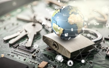 Padlock on computer circuit board.Security concept