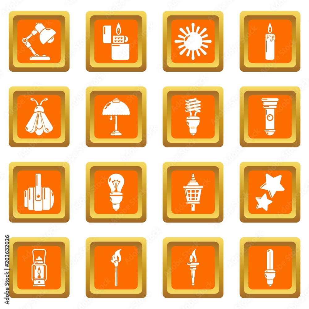 Poster light source icons set vector orange square isolated on white background