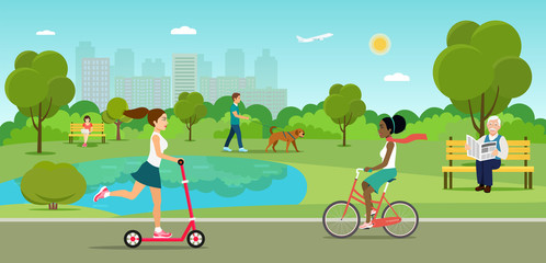 Vector summertime flat illustration. People in the park.