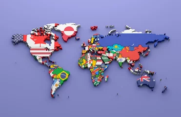 Poster Wereldkaart met alle staten en hun vlaggen, 3d render © Carlos André Santos