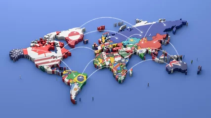 Foto op Canvas Wereldkaart met alle staten en hun vlaggen, 3d render © Carlos André Santos
