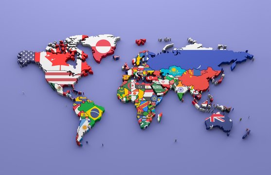 Fototapeta Światowa mapa z wszystkimi państwami i ich flaga, 3d odpłaca się