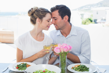 Loving couple toasting wine glasses at lunch table