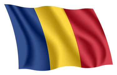 Romania flag. Isolated national flag of Romania. Waving flag of Romania. Fluttering textile romanian flag. Tricolorul.