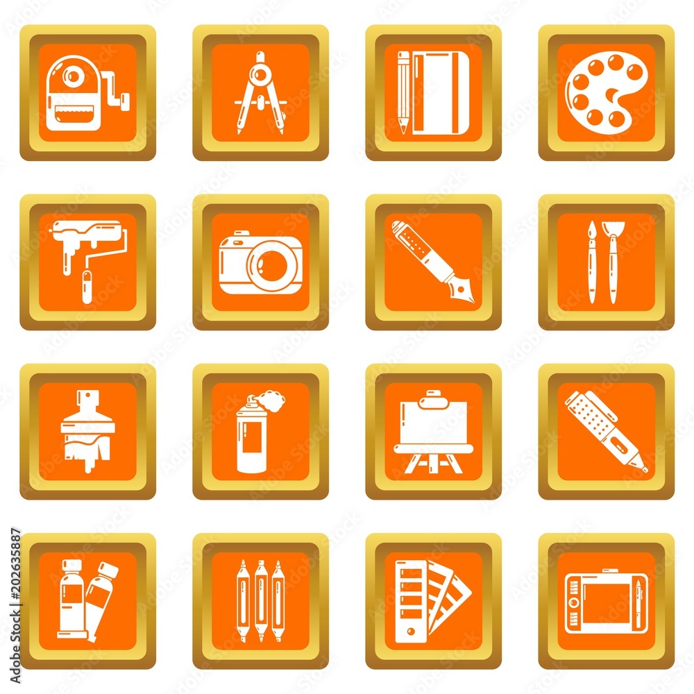 Poster design and drawing tools set vector orange square isolated on white background
