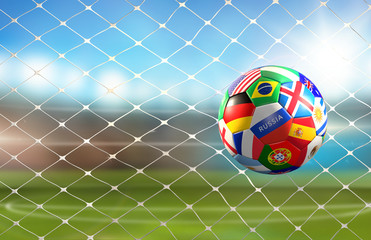 soccer goal with soccer ball with world flags design in soccer net 3d rendering