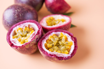 Closeup of passion fruit on yellow background
