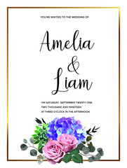 Floral wedding invitation card with garden rose,hydrangea,succulent, eucalyptus and leaves in watercolor style.Greenery botanical template with gold frame and text place for invite, greeting and cover