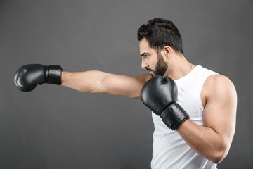 Fototapeta na wymiar Handsome bearded man in boxing gloves and white shirt on isolated grey background