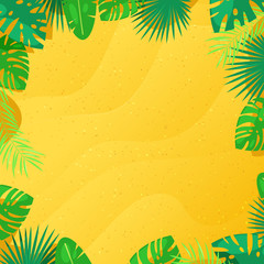 Fototapeta na wymiar Tropical palm leaves and yellow sand texture background. Vector frame with place for text. Summer cartoon illustration.