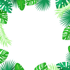 Fototapeta na wymiar Tropical palm leaves vector square frame. White background with place for text. Jungle summer cartoon illustration.