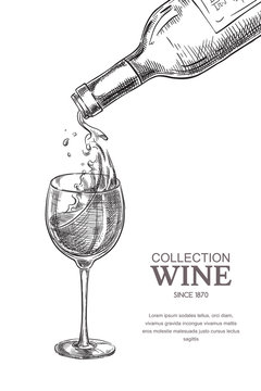 Wine pouring from bottle into glass, sketch vector illustration. Hand drawn label design elements