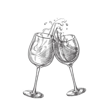 Two wine glasses with splash drinks, sketch vector illustration. Hand drawn label design elements