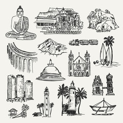 Cities and elements of Sri Lanka. Hand drawn vector illustration of sri lankan places. Temples, building and objects. Cultural elements.