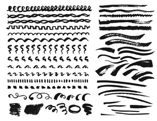 Hand drawn vector set of horizontal lines, strokes, and smears. Isolated sketch elements collection for brushes and decoration. 