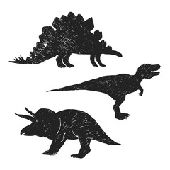 Sketch of dinosaurs shapes and forms. Hand drawn stegosaurus, triceratops and tyrannosaurus isolated set.