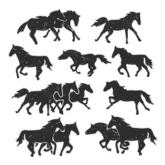 Hand drawn illustration of running horses isolated on the white background. Drawing sketch of single horse and groups of horses. 