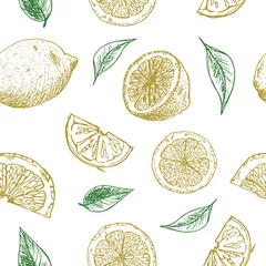 Papier peint Citrons Fond transparent avec des morceaux de citron. Modèle avec croquis de citrons sur le blanc.