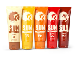 Row ofSun screen cream, oil and lotion containers with different spf number. Sun protection and suntan cosmetics isolated on white background.
