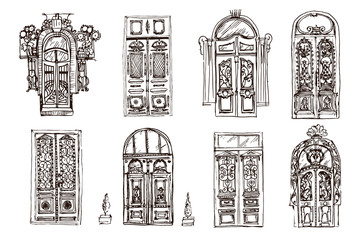Old doors collection. Hand drawn sketch of different doors on the white background