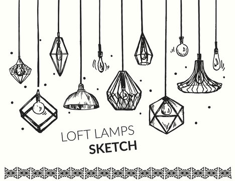 Hand drawn vector set of different geometric loft lamps. Edison lamps and modern chandeliers sketch. Lanterns collection.