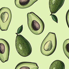 Seamless avocado background. Drawing vector pattern with avocado fruit.