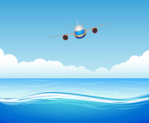Fototapeta na wymiar flying plane over sea