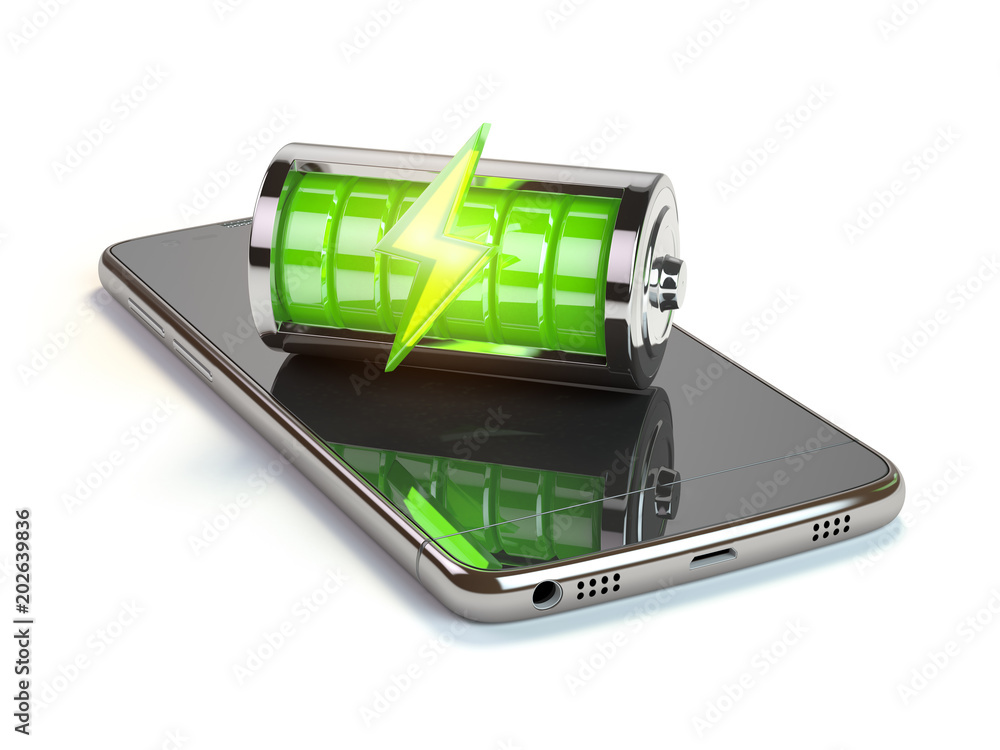 Poster smartphone charging application concept. mobile phone and green battery charge indicator. 3d