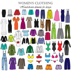 Color set of hand-drawn women's clothing.