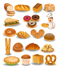 Bakery products collection  like doughnuts, bread, cookies isolated on a white background