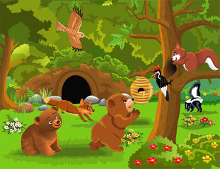 Cartoon illustration of wild animals living in the forest, like bears searching for honey, fox and squirrel