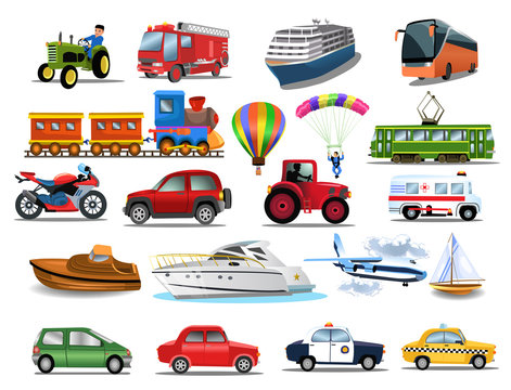 Transportation icons collection like tractor, ship, train, tram, motorcycle, plane, car isolated on a white background