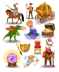 Vector collection of fairy tale icons and characters like mermaid, dragon, knight and crystal ball isolated on a white background