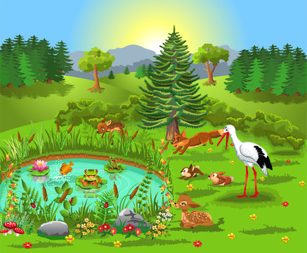 Cartoon illustration of wild animals living in the forest and coming to the pond to have fun together