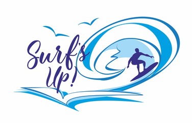 Surf's up .Surfing. Lettering. ILogo. t's time to rest and travel. Seascape. Wave. Gulls. Vector illustration.
