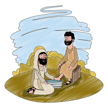 Jesus washing the feet of an apostle in the camp vector illustration design