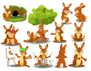 Rabbit doing different activities isolated on a white background © thea07