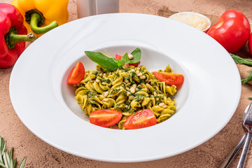 fusilli pasta with pesto sauce