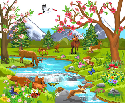 Cartoon illustration of wild animals like deer, fox, rabbit, elk in a spring natural landscape