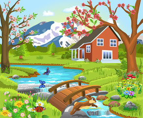Cartoon illustration of a spring natural landscape with a house in the middle, river and bridge