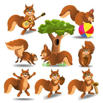 Set of cartoon squirrels doing different activities like playing electric guitar, running, sitting, jumping, playing the saxophone isolated on a white background