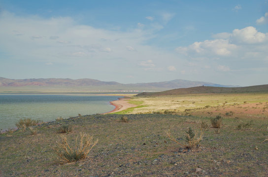 Multi-color coast of the Khar lake. Nature and travel. Mongolia, Uvs Province